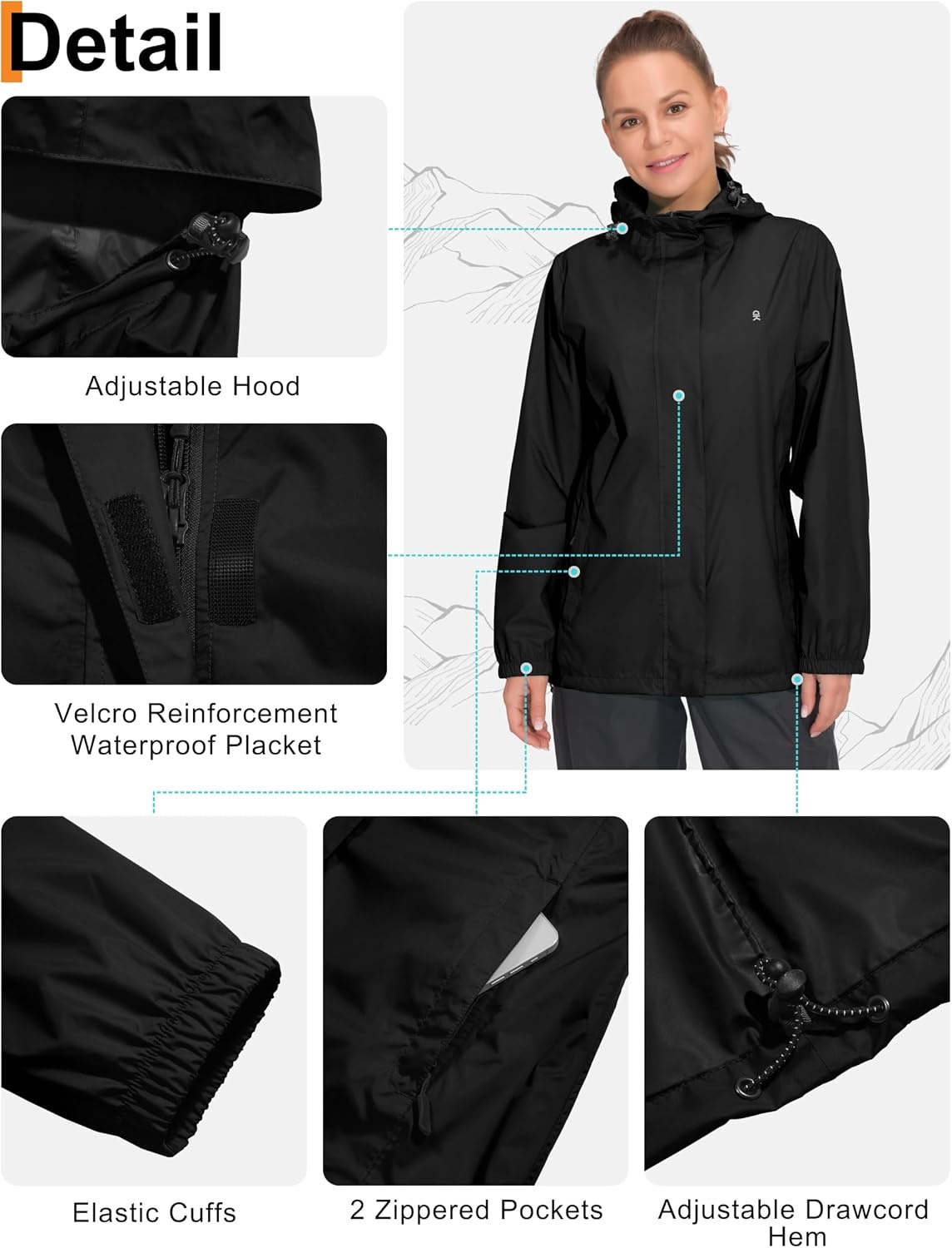 image:imageLittle Donkey Andy Womens Waterproof Hooded Rain Jacket Packable Lightweight amp Windproof Outer Windbreaker Ideal Outdoor Layer For Hiking Travel Fishing amp Outdoor ActivitiesBlack