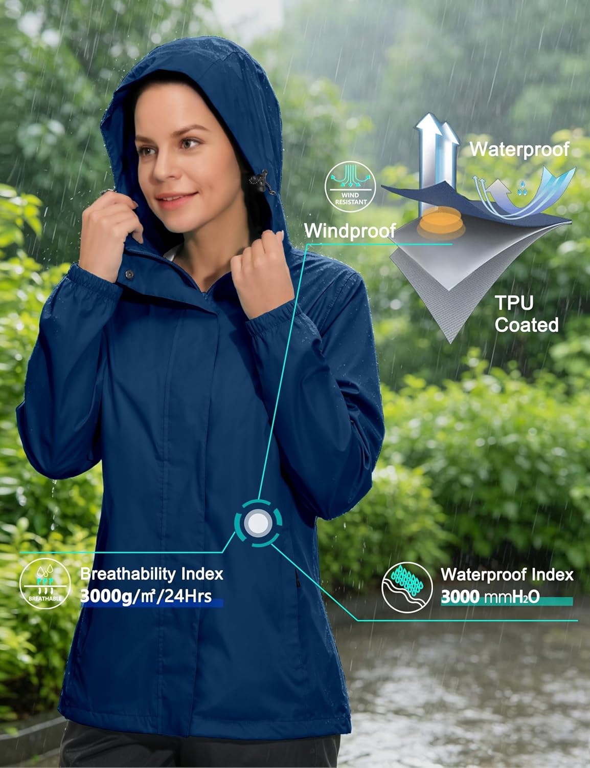 image:imageLittle Donkey Andy Womens Waterproof Hooded Rain Jacket Packable Lightweight amp Windproof Outer Windbreaker Ideal Outdoor Layer For Hiking Travel Fishing amp Outdoor ActivitiesClassic Blue