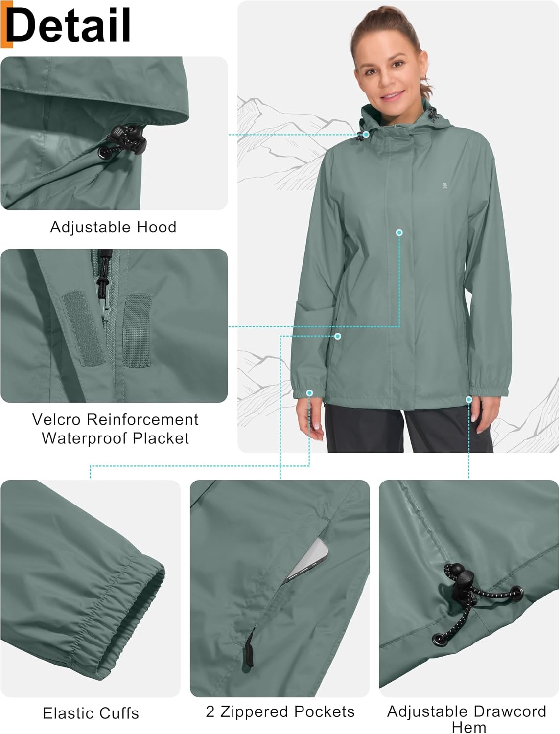 image:imageLittle Donkey Andy Womens Waterproof Hooded Rain Jacket Packable Lightweight amp Windproof Outer Windbreaker Ideal Outdoor Layer For Hiking Travel Fishing amp Outdoor ActivitiesPale Aqua