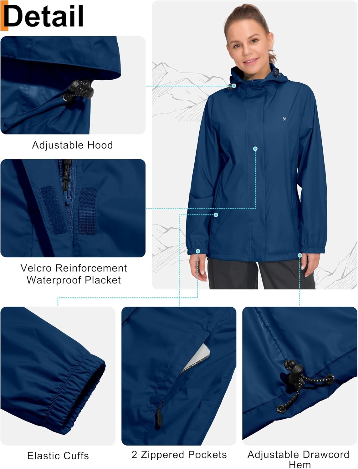 image:imageLittle Donkey Andy Womens Waterproof Hooded Rain Jacket Packable Lightweight amp Windproof Outer Windbreaker Ideal Outdoor Layer For Hiking Travel Fishing amp Outdoor ActivitiesClassic Blue