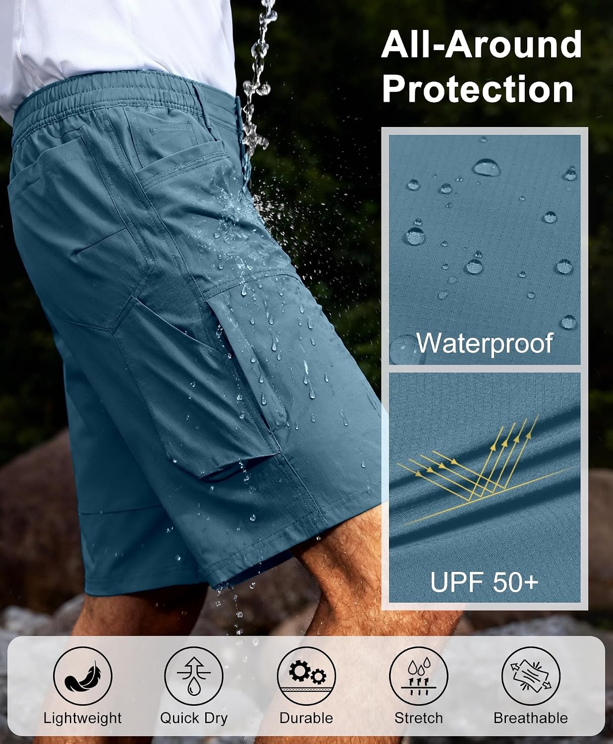 image:imageLittle Donkey Andy Mens Hiking Cargo Short Waterproof Golf Short 9 Pockets Quick Dry Lightweight Breathable Stretchy Ripstop Elastic Waist UPF 50 Outdoor Casual Work Fishing Sport CampingBluestone