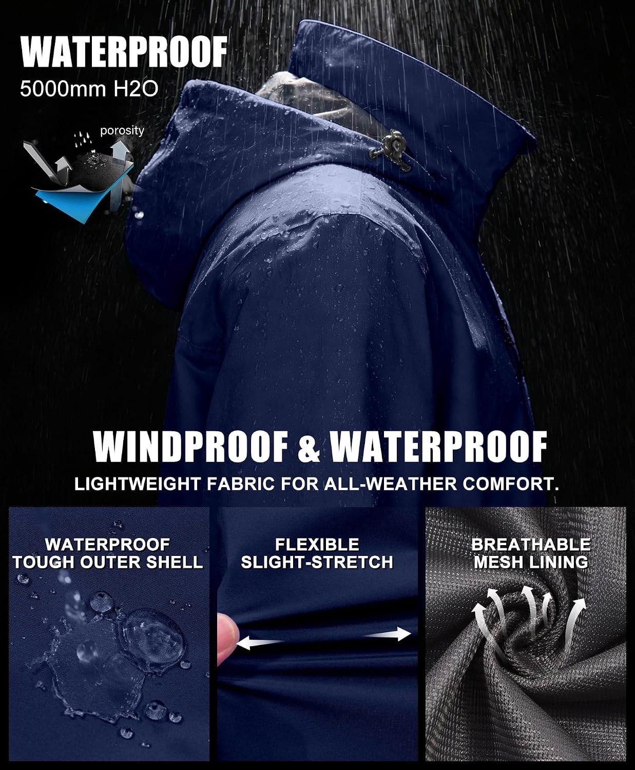 image:imageLittle Donkey Andy Womens Rain Jacket Packable Waterproof Raincoat HoodedDark Blue