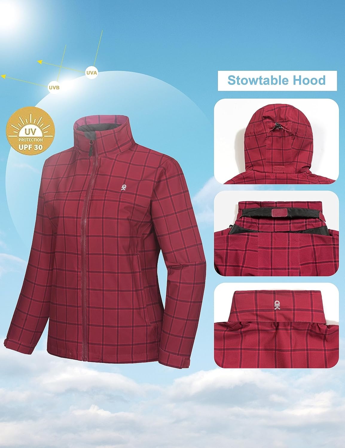image:imageLittle Donkey Andy Womens Rain Jacket Packable Waterproof Raincoat HoodedRed Plaid