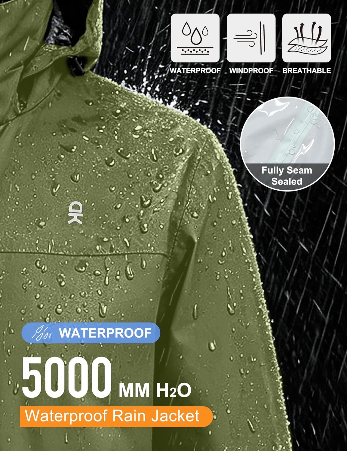 image:imageLittle Donkey Andy Mens Waterproof Rain Jacket Outdoor Raincoat for HikingA7olive