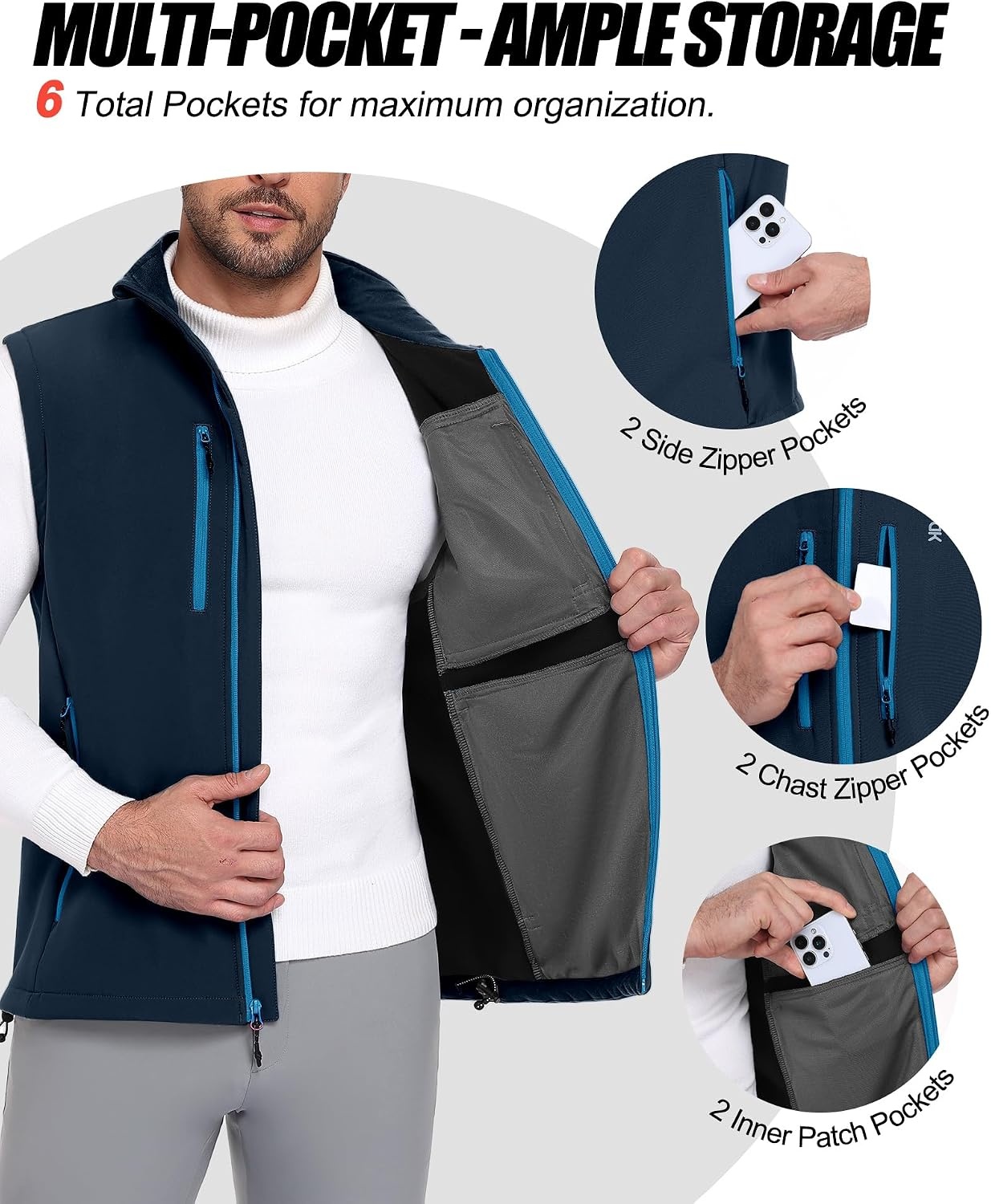 image:imageLittle Donkey Andy Mens Fleece Softshell Vest With Multi PocketsBlue