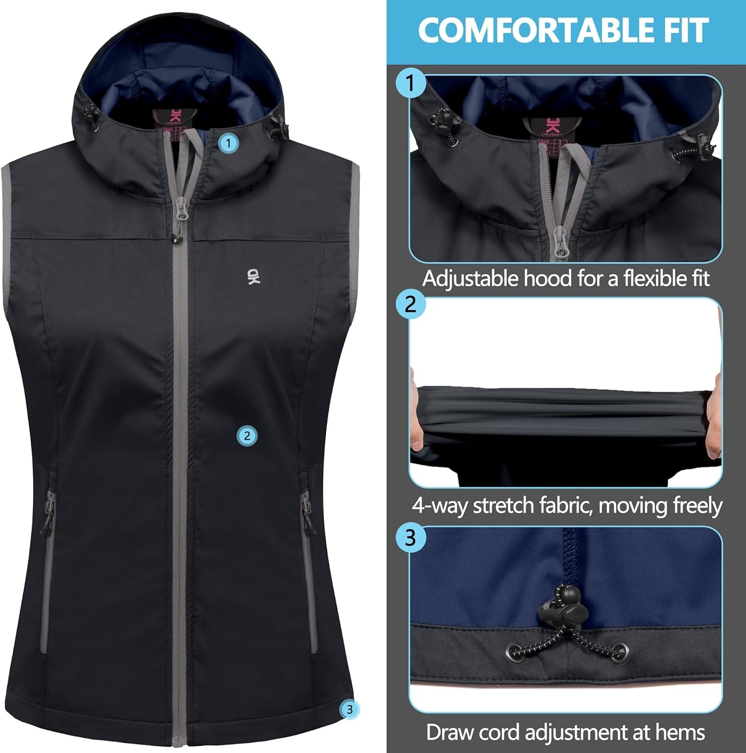 image:imageLittle Donkey Andy Womens Lightweight Softshell VestDark Grey With Hood
