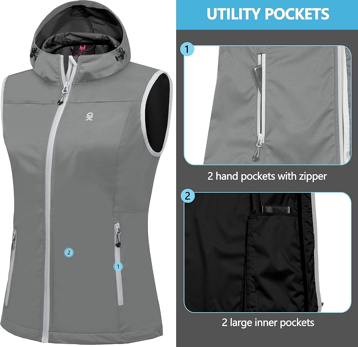 image:imageLittle Donkey Andy Womens Lightweight Softshell VestGray With Hood