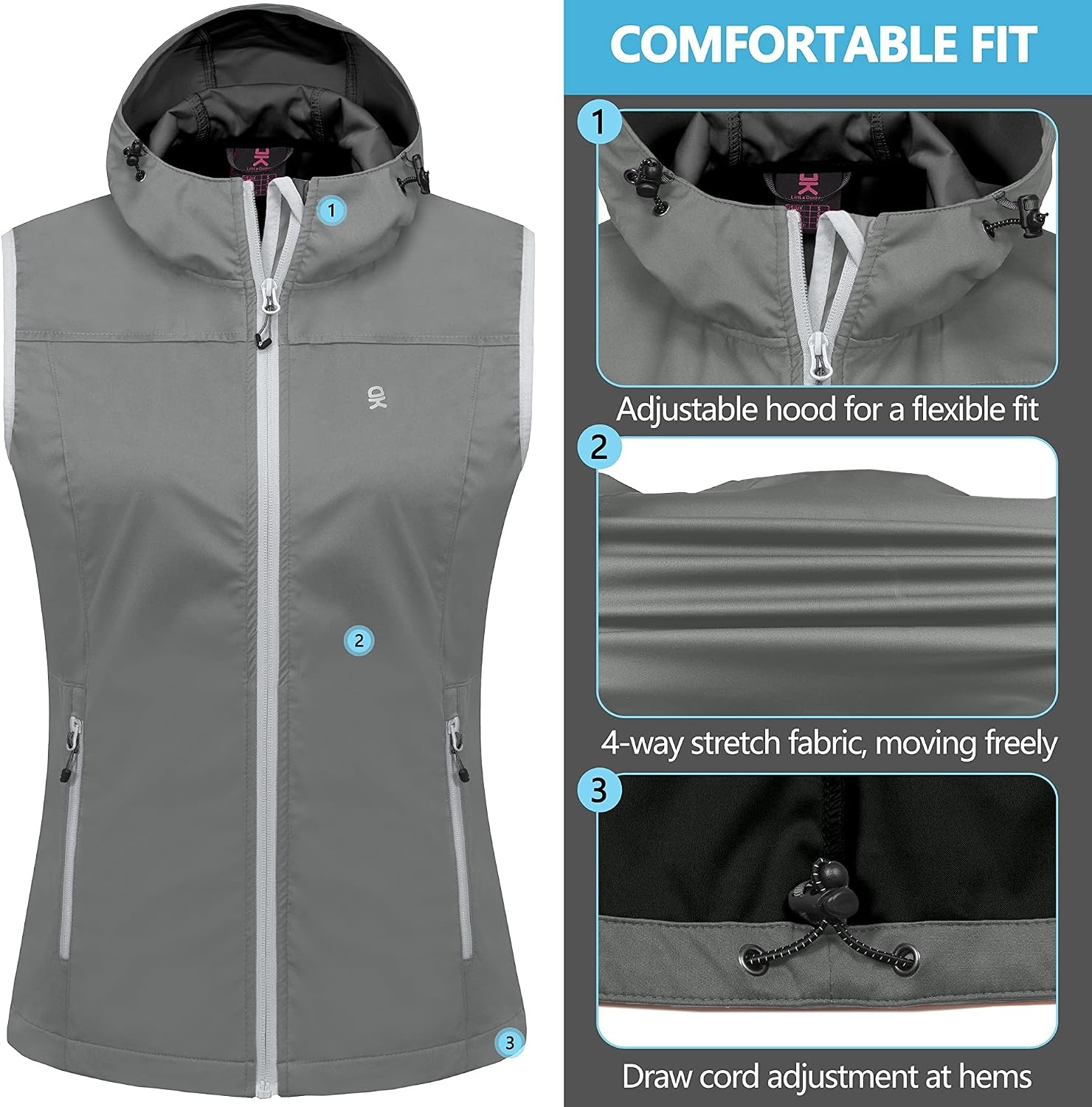 image:imageLittle Donkey Andy Womens Lightweight Softshell VestGray With Hood