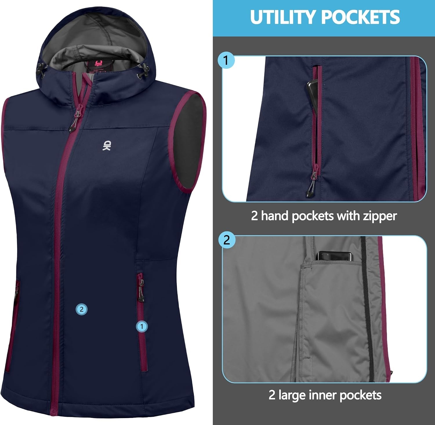 image:imageLittle Donkey Andy Womens Lightweight Softshell VestNavy Blue With Hood