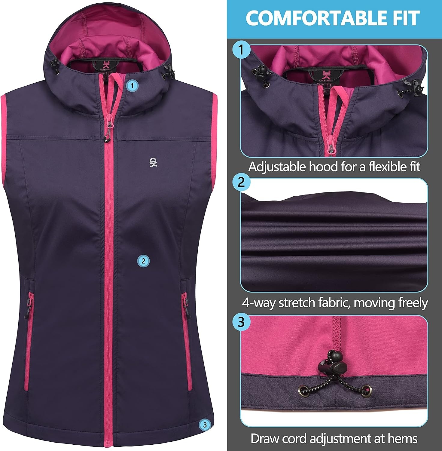 image:imageLittle Donkey Andy Womens Lightweight Softshell VestPurple With Hood