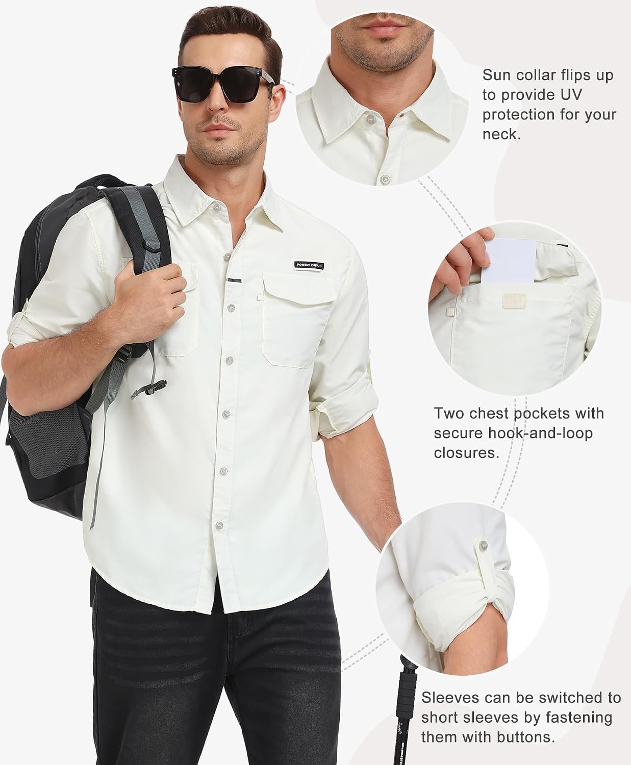 image:imageLittle Donkey Andy Mens Sun Protection Lightweight Hiking ShirtCream White
