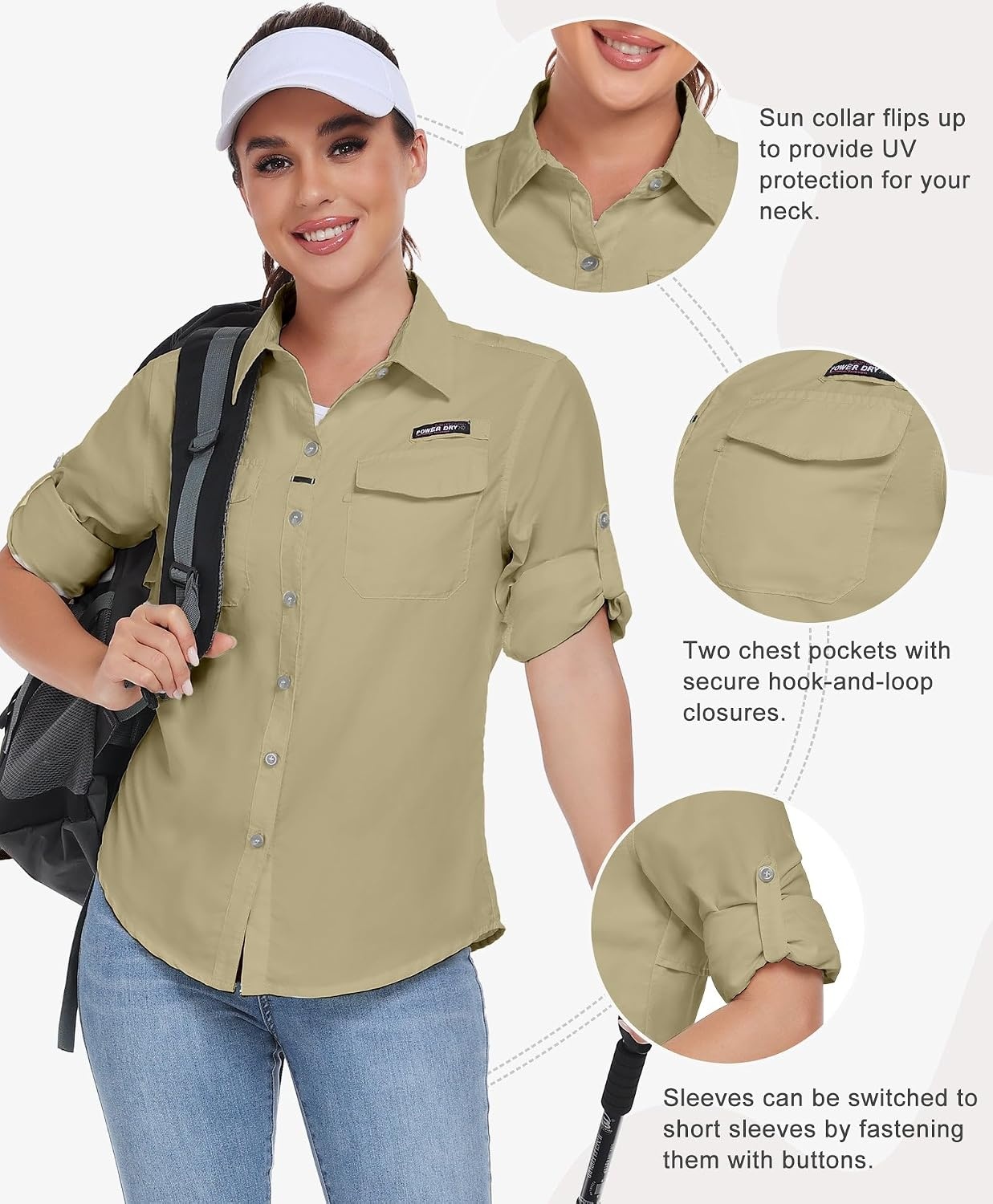 image:imageLittle Donkey Andy Womens Quick Dry Botton Shirts Hiking ShirtsKhaki